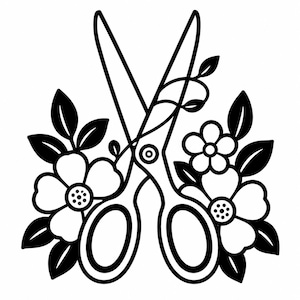 May include: Black and white illustration of scissors intertwined with floral elements. The scissors are the focal point, with a detailed design of flowers and leaves surrounding them. The design is suitable for crafting or gardening themes.