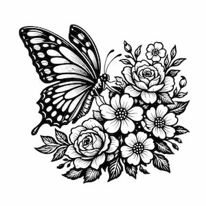 May include: Black and white illustration of a butterfly with detailed wing patterns, positioned near a cluster of roses and other flowers. The floral arrangement includes leaves and buds, all in a classic, elegant style.