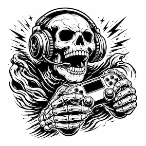 May include: Black and white illustration of a skull wearing a headset with a microphone and holding a video game controller. The skull has an open mouth and is surrounded by lightning bolts and other graphic elements.