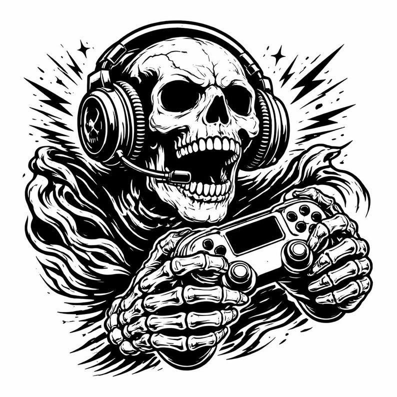 May include: Black and white illustration of a skull wearing a headset with a microphone and holding a video game controller. The skull has an open mouth and is surrounded by lightning bolts and other graphic elements.