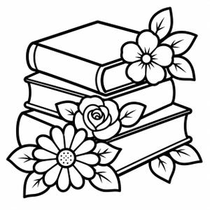 May include: A stack of three books with a floral design. The books are rectangular with rounded spines. Flowers and leaves are arranged around the books, including a rose, a daisy, and other blossoms. The image is a black and white line drawing.