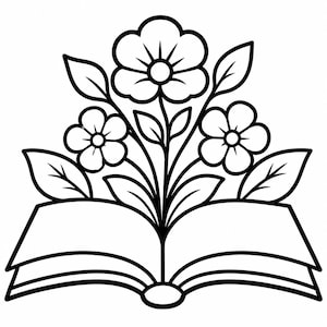 Op de afbeelding: Zwart-wit illustratie van een open boek met drie bloemen en bladeren. De bloemen en bladeren zijn gedetailleerd, en de pagina's van het boek zijn open. De afbeelding suggereert thema's als onderwijs, lezen en natuur.