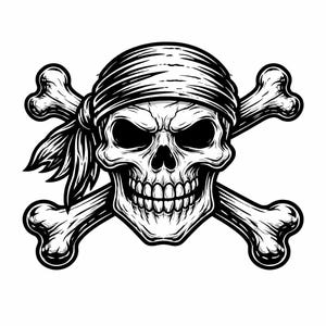 Puede incluir: Ilustración en blanco y negro de una calavera con un pañuelo, con huesos cruzados detrás. La calavera tiene una expresión amenazante, con sombreado detallado y una mandíbula prominente. El diseño es un símbolo pirata clásico.