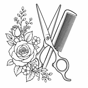 Può includere: Illustrazione in bianco e nero di un paio di forbici, un pettine ed elementi floreali. Le forbici sono aperte e il pettine ha denti distanziati. Rose e altri fiori sono inclusi nel design.