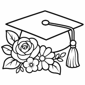Puede incluir: Ilustración en blanco y negro de un birrete de graduación con borla y un arreglo floral. Las flores incluyen una rosa, margaritas y otras pequeñas flores con hojas. Adecuado para manualidades con temática de graduación.