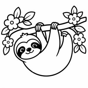 May include: A black and white cartoon illustration of a smiling sloth hanging from a tree branch. The sloth has a dark face and is hanging upside down. The branch has leaves and flowers.