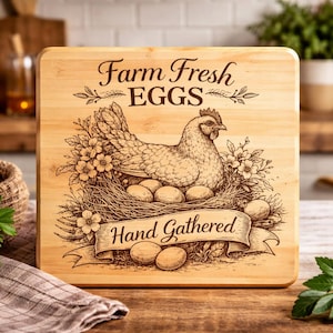 May include: A square wooden cutting board with a detailed engraving of a hen in a nest with eggs. The text "Farm Fresh EGGS" and "Hand Gathered" are also engraved on the board. The board is made of light-colored wood.
