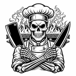 May include: Black and white illustration of a skeleton chef wearing a chef's hat and uniform, holding a meat cleaver and a knife. Flames and a grill are in the background.