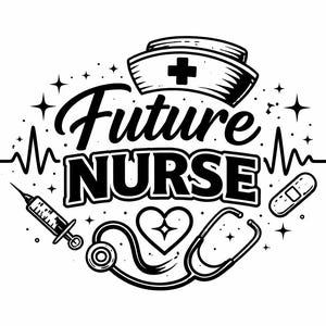 Könnte beinhalten: Schwarz-weiße Grafik mit dem Schriftzug "Future Nurse", umgeben von medizinischen Symbolen wie Stethoskop, Spritze und Pflaster. Oben befindet sich eine Krankenschwestermütze mit Kreuz.