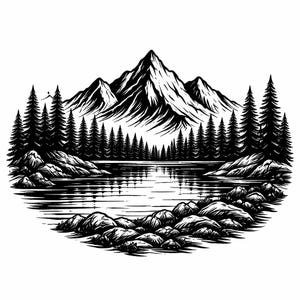 May include: Black and white illustration of a mountain range, lake, and forest scene. The image features a detailed depiction of tall pine trees, rocky shoreline, and a mountain reflected in the water. The artwork is a nature-themed design.