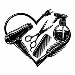 May include: Black and white illustration of hairstyling tools arranged in a heart shape. The image includes a hairdryer, scissors, comb, round brush, and a spray bottle. A power cord is also included.