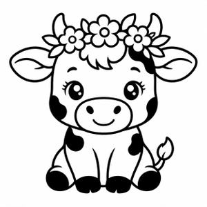 Puede incluir: Ilustración de dibujos animados en blanco y negro de una vaca sentada con una corona de flores. La vaca tiene ojos grandes, manchas negras y una expresión sonriente. La corona de flores está hecha de flores y hojas simples.