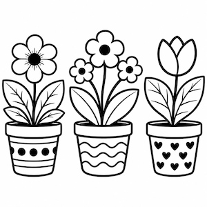 Puede incluir: Dibujo lineal en blanco y negro de tres flores en macetas. Las flores incluyen una margarita, un grupo de flores pequeñas y un tulipán. Las macetas están decoradas con puntos, líneas onduladas y corazones.