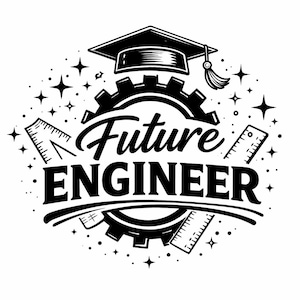 Puede incluir: Gráfico en blanco y negro con la frase "Future Engineer", rodeado de un birrete, engranajes, reglas y estrellas. Adecuado para ropa o materiales educativos.