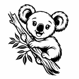 May include: Black and white illustration of a smiling koala bear clinging to a tree branch with leaves. The koala has large, fluffy ears and a friendly expression. The artwork is a cartoon style.