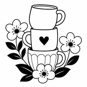 Può includere: Illustrazione in bianco e nero di tre tazze impilate, una con un cuore, circondate da fiori e foglie. Le tazze hanno manici e design diversi. I fiori hanno petali dettagliati.