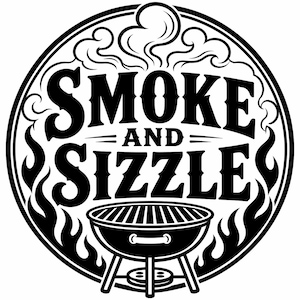May include: Black and white circular graphic with the words "SMOKE AND SIZZLE" and a barbecue grill illustration. The design includes flames and smoke, suggesting a barbecue or grilling theme.