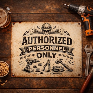 Può includere: Un'insegna metallica rustica con la scritta "AUTHORIZED PERSONNEL ONLY" e un teschio con elmetto. L'insegna è circondata da attrezzi, tra cui un trapano, una chiave inglese, un martello e delle pinze, su una superficie di legno.