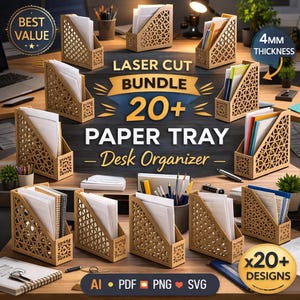 May include: A collection of laser-cut wooden paper trays, desk organizers, with intricate geometric designs. The image displays multiple trays filled with paper and office supplies. Text on the image reads "LASER CUT BUNDLE 20+ PAPER TRAY - Desk Organizer".
