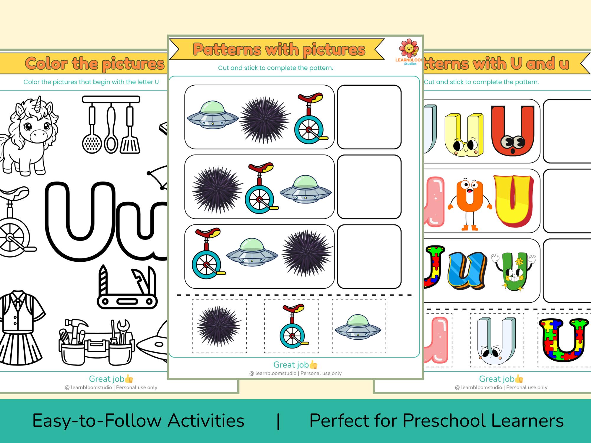 Letter U Worksheets, Preschool Kindergarten Tracing Matching Activities