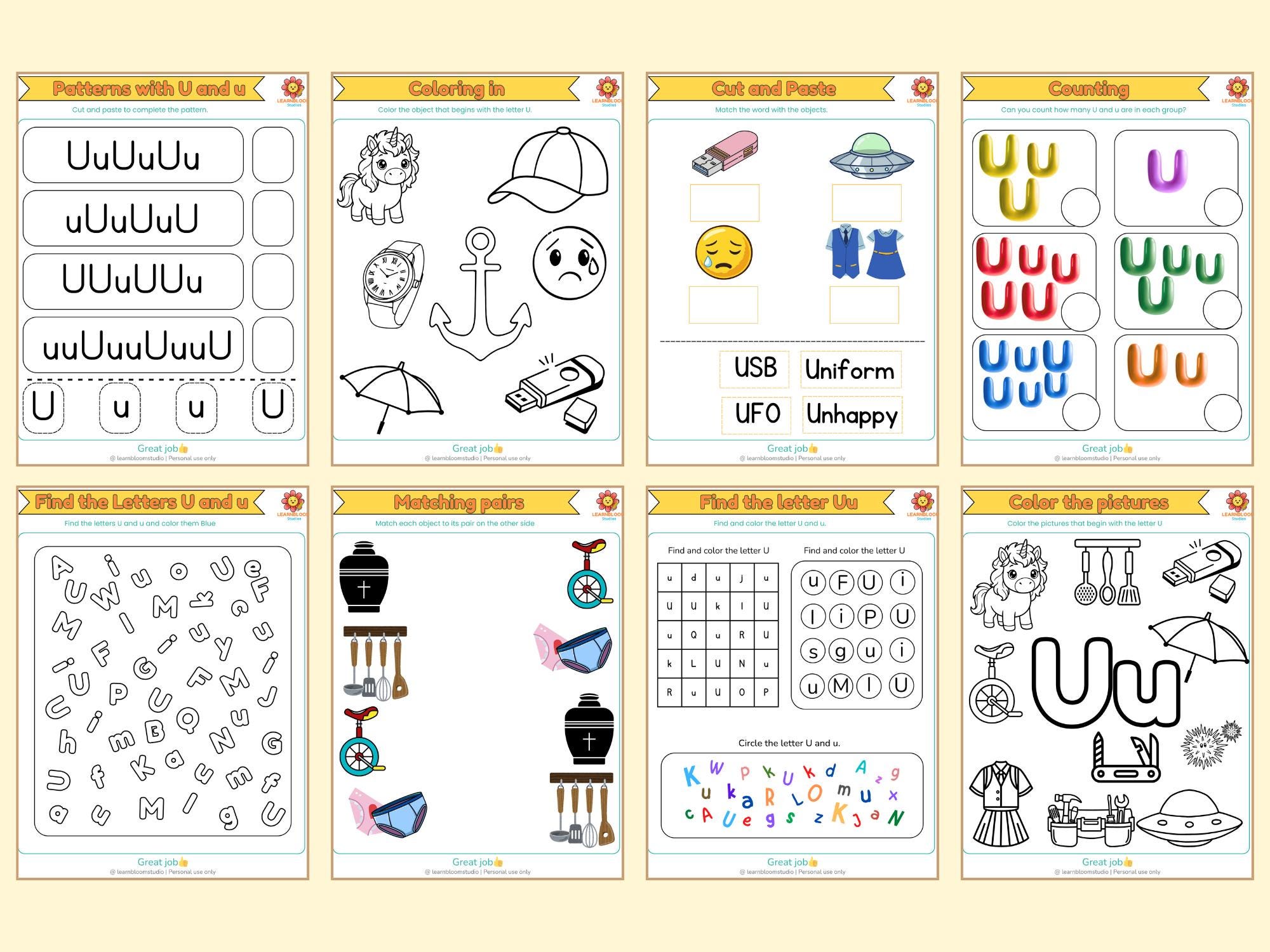 Letter U Worksheets, Preschool Kindergarten Tracing Matching Activities