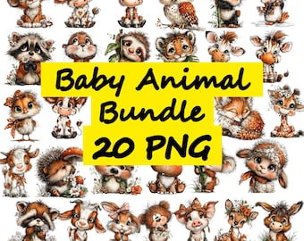 Baby Animal Watercolor Clipart Bundle, Safari Illustration (Digital Print)