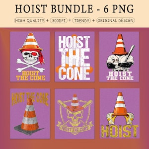 Puede incluir: Un paquete de seis im&aacute;genes PNG con fondo morado. Cada imagen presenta un dise&ntilde;o de cono de tr&aacute;fico con el texto "HOIST THE CONE". Algunas im&aacute;genes incluyen una calavera, un bate de b&eacute;isbol y un jugador de b&eacute;isbol.