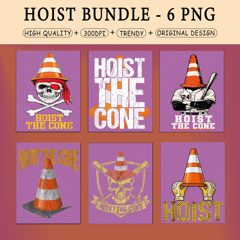 Puede incluir: Un paquete de seis im&aacute;genes PNG con fondo morado. Cada imagen presenta un dise&ntilde;o de cono de tr&aacute;fico con el texto "HOIST THE CONE". Algunas im&aacute;genes incluyen una calavera, un bate de b&eacute;isbol y un jugador de b&eacute;isbol.