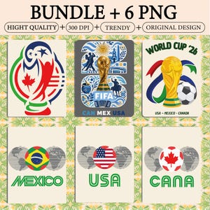 Könnte beinhalten: Eine Sammlung von sechs PNG-Bildern zum Thema Fußball. Die Bilder zeigen die FIFA-Weltpokal-Trophäe, Fußbälle und Flaggen der USA, Mexikos und Kanadas. Text enthält "BUNDLE + 6 PNG", "WORLD CUP '26" und "FIFA".