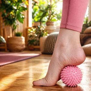 May include: A pink spiky massage ball is under a foot, with the person wearing pink leggings. The foot is pressing down on the ball. The background includes plants and a wooden floor.