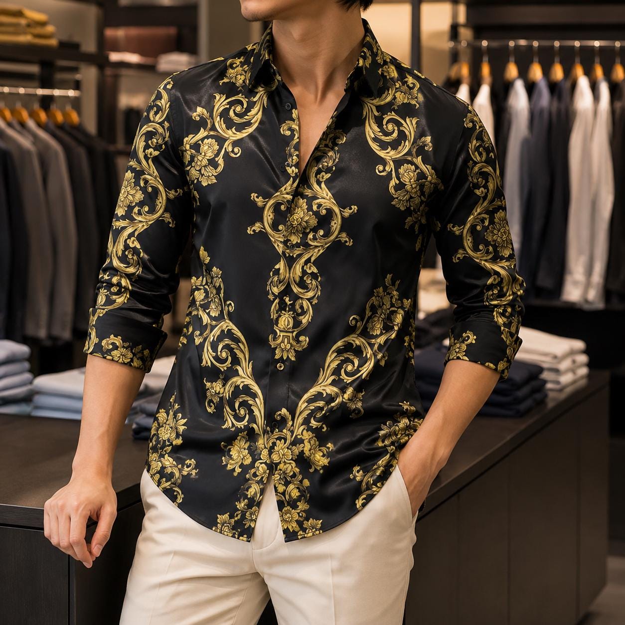 black and gold floral dress shirt Mens black and gold shirt design