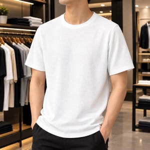 Puede incluir: Una camiseta blanca lisa de manga corta con cuello redondo. La prenda presenta un tejido de textura fina y sutil en todo el cuerpo y las mangas, lo que proporciona un aspecto limpio y uniforme a esta pieza básica de vestuario.