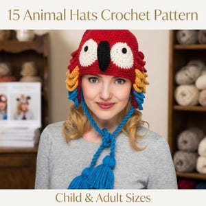 Paquete de 15 patrones de ganchillo para gorros de animales en PDF: gorros con orejeras de tigre, búho y oso, tallas para niños y adultos. Lindos gorros de amigurumi de animales.