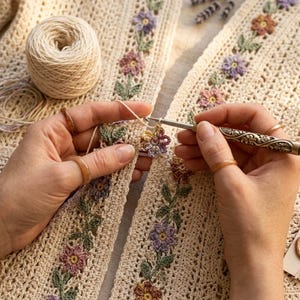 May include: A cream-colored crocheted garment featuring a vertical floral pattern with purple, pink, and green yarn. A metal crochet hook is in use, with a ball of matching cream yarn and a small wax seal tag nearby on the textured fabric surface.