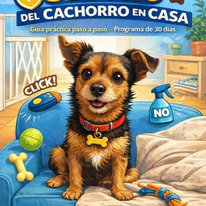 Puede incluir: Ilustración colorida de una guía de adiestramiento para cachorros. La imagen presenta un cachorro sonriente con un collar rojo y una etiqueta en forma de hueso, sentado en un sofá azul. El texto incluye "ENTRENAMIENTO SEGURO" y "INCLUYE HOJAS IMPRIMIBLES".