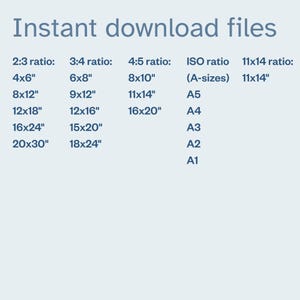 May include: A light blue graphic with the text "Instant download files" at the top. Below, various print sizes are listed, including 4x6", 8x12", 12x18", 16x24", and 20x30" for the 2:3 ratio.