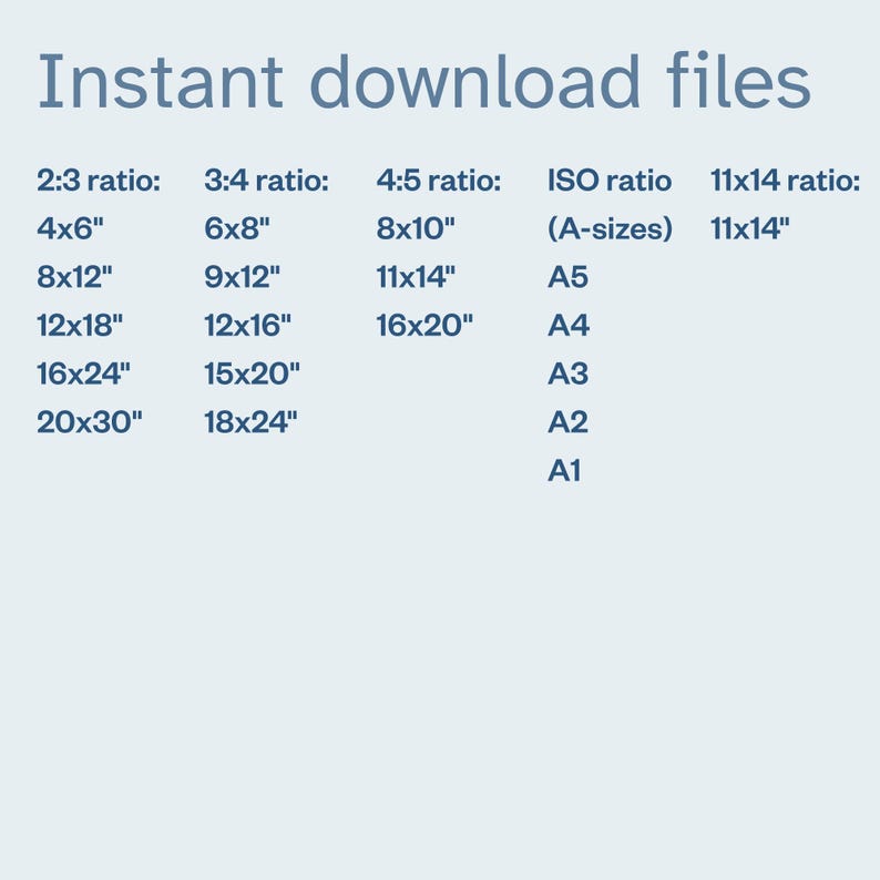 May include: A light blue graphic with the text "Instant download files" at the top. Below, various print sizes are listed, including 4x6", 8x12", 12x18", 16x24", and 20x30" for the 2:3 ratio.