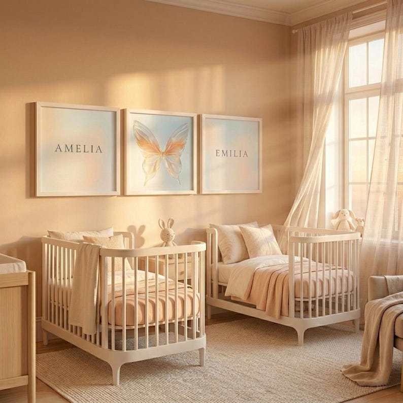 Personalized Twin Girls Nursery Wall Art Set of 3, Butterfly Name ...