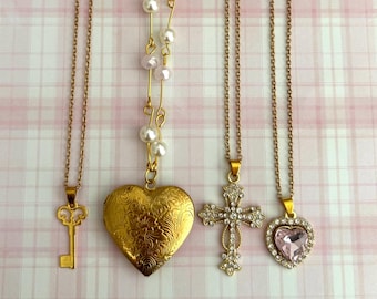Vintage Gold Locket Necklace, Key, Cross, Pink Heart Charm, Girly Jewelry