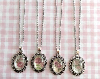 Vintage Floral Cabochon Necklace Pendant with Chain