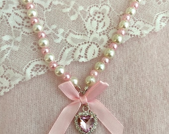 Handmade Pearl Ribbon Bow Heart Pendant Necklace, Y2K Cottagecore Jewelry