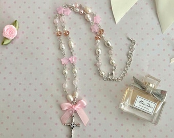 Beaded Cross Necklace with Pink Bow, Pearls, and charms Coquette Style Jewelry
