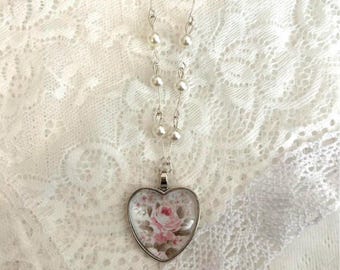 Handmade Rose Cabochon Heart Locket Necklace, Pearl Ribbon Bow Jewelry