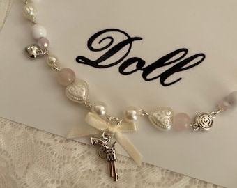 Handmade Revolver Charm Necklace, Pearl Ribbon Bow Jewelry, Coquette, Dollete
