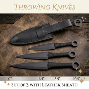 May include: A set of three black throwing knives with wrapped handles and ring pommels, accompanied by a black leather sheath. A ruler visible in the image indicates lengths of 16.5 cm, 21.6 cm, and 26.7 cm. Text reads: THROWING KNIVES SET OF 3 WITH LEATHER SHEATH.
