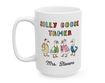 Silly Goose Tamer, Custom Teacher Mug, Personalized Educator Gift, Funny Bookish Coffee Cup, Cute Goose Book Lover, Librarian Reading Mug