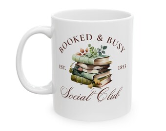 Booked and Busy Social Club Mug, Funny Book Lover Coffee Mug, BookTok Reader, Cute Bookish Gift for Her, Romance Book Club Vintage Aesthetic