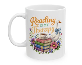 Reading Is My Therapy, Silly Goose Book Mug, Funny Book Lover Coffee Cup, Cute Duck Reader Mug, Funny Bookish Reading Mug Book Club Gift
