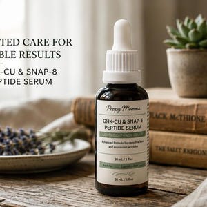 ​A lifestyle product photo of the Peppy Momma GHK-Cu & SNAP-8 Peptide Serum in an amber glass dropper bottle. The bottle sits on a rustic wooden table in front of a stack of vintage books. To the left is a small plate holding dried lavender, and to the right is a small potted succulent in a window setting. Text in the upper left corner reads, "TARGETED CARE FOR VISIBLE RESULTS" above a divider line, followed by "GHK-CU & SNAP-8 PEPTIDE SERUM."