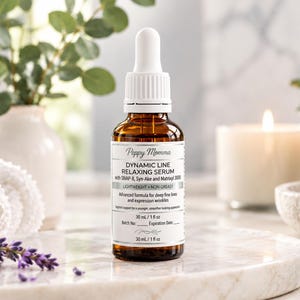 May include: An amber glass dropper bottle of Peppy Momma Dynamic Line Relaxing Serum with a white cap. The label lists ingredients including SNAP-8, Syn-Ake, and Matrixyl 3000, noting a 30 ml volume, lightweight non-greasy formula, and expiration fields.
